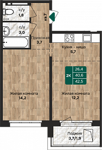 Однушка 43 кв. м