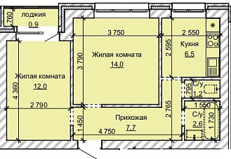 План 2-комнатной квартиры 61 кв. м